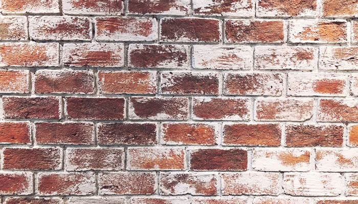 Un muro de ladrillos rojos desgastados, estático, formando un patrón regular, con líneas de mortero blanco. La luz resalta las texturas en un entorno exterior iluminado.