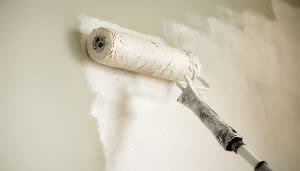 Un rodillo de pintura aplica pintura blanca sobre una pared; se extiende uniformemente, cubriendo parcialmente el color anterior en un entorno interior.