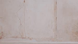 Una pared con fisuras y marcas visibles está sin acción significativa. El contexto muestra un entorno desgastado o antiguo, con tonos de color beige y blanco.