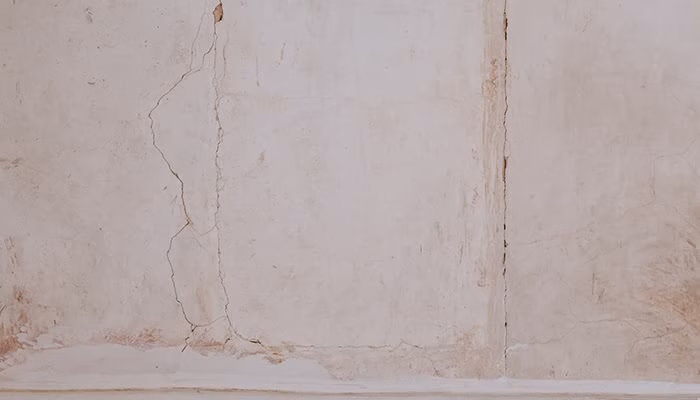 Una pared con fisuras y marcas visibles está sin acción significativa. El contexto muestra un entorno desgastado o antiguo, con tonos de color beige y blanco.