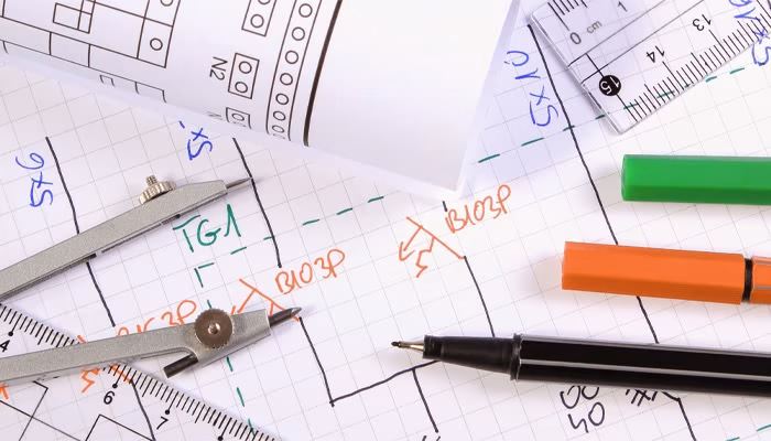 Papel milimetrado muestra planos dibujados; un compás, bolígrafos y regla lo acompañan, indicando actividad de diseño técnico. Texto visible: "5x10", "ST6", "3D2P", "TG1".