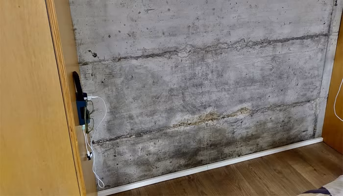 Pared de concreto con textura rugosa, mostrando un cargador de teléfono conectado a una toma de corriente. Alrededor, hay suelo de madera y muebles de madera clara.