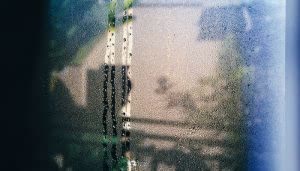Gotas de agua resbalan por una ventana empañada, sugiriendo un ambiente húmedo. Al fondo, se vislumbran sombras borrosas de un jardín o patio exterior.