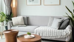 Un sofá gris con cojines está decorado con una manta blanca en una sala luminosa. Dos mesas de madera sostienen plantas pequeñas, rodeadas de más plantas y cuadros en la pared.
