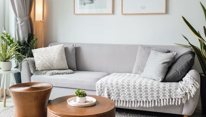 Un sofá gris con cojines está decorado con una manta blanca en una sala luminosa. Dos mesas de madera sostienen plantas pequeñas, rodeadas de más plantas y cuadros en la pared.