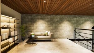 Un sofá beige está ubicado frente a una mesa redonda negra. A la izquierda, hay un estante con libros y una planta, en una sala moderna iluminada.