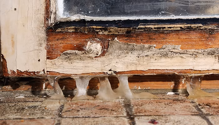 Madera dañada, deteriorándose por la humedad, con restos de pintura descascarada y gotas de agua acumuladas. Contexto de una ventana en un edificio posiblemente antiguo.