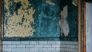 Una pared con pintura azul y beige descascarada, mostrando deterioro, sobre un muro de azulejos blancos en un entorno de abandono.