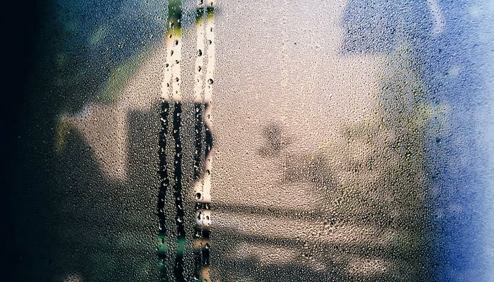 Gotas de agua se deslizan por una ventana empañada, mientras una silueta se vislumbra débilmente en el exterior, rodeada de un ambiente borroso y lleno de luz natural.