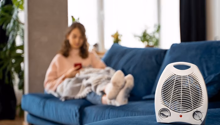 Un calefactor blanco descansa sobre un sofá azul, mientras una persona desenfocada está sentada usando un dispositivo móvil. Alrededor hay plantas y ventanas que iluminan la escena.