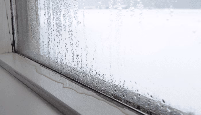 Ventana cubierta de gotas de agua se empaña en un día nublado, con condensación visible en el borde inferior, mientras el exterior es apenas visible a través del cristal húmedo.