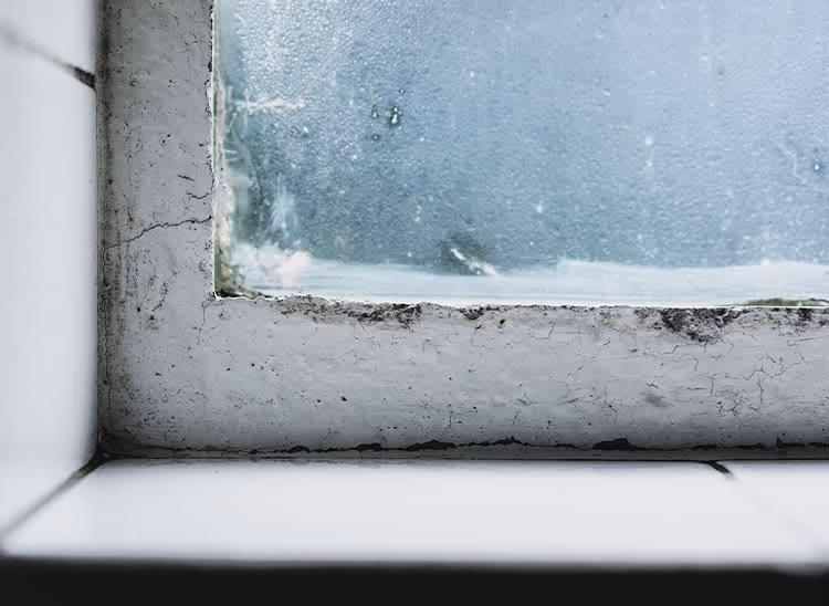 Ventana muestra condensación en el vidrio. Está rodeada por marco de cemento con posibles signos de humedad, en un entorno de baldosas blancas. La luz es tenue.