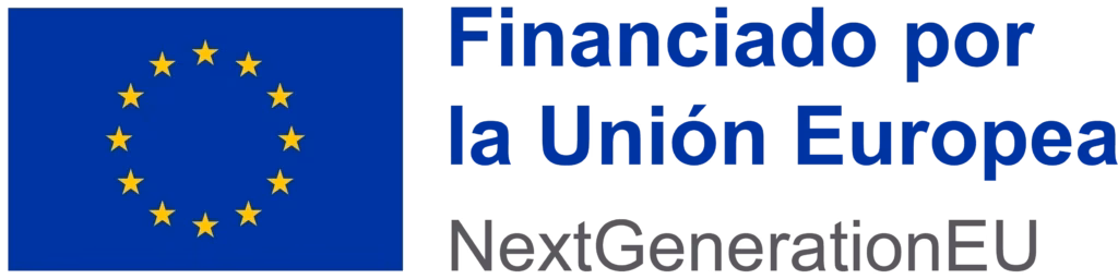 La bandera de la Unión Europea está acompañada de texto que dice: "Financiado por la Unión Europea NextGenerationEU". El fondo es blanco, proporcionando contraste.