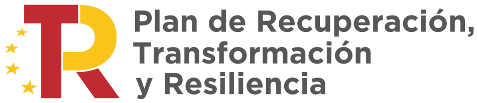 Letra "R" en colores rojo y amarillo con estrellas a la izquierda; texto adyacente: "Plan de Recuperación, Transformación y Resiliencia". Fondo blanco, diseño de logotipo institucional.