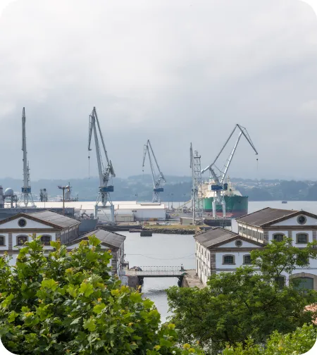 Grúas portuarias se elevan inactivas en un astillero, rodeadas de edificios industriales y vegetación. El cielo está nublado y el agua del puerto refleja el entorno.